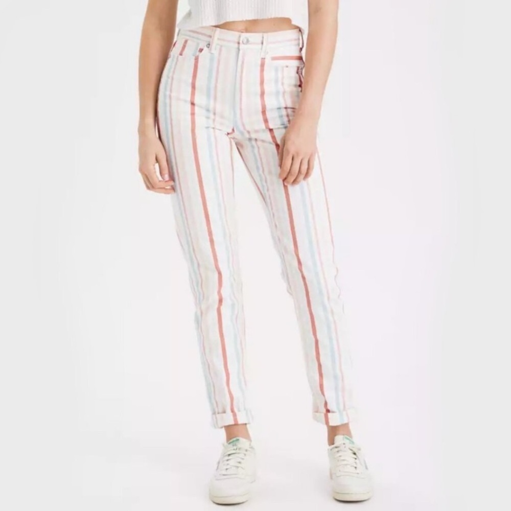 American Eagle Peach Striped Mom Jeans Size 2 Long